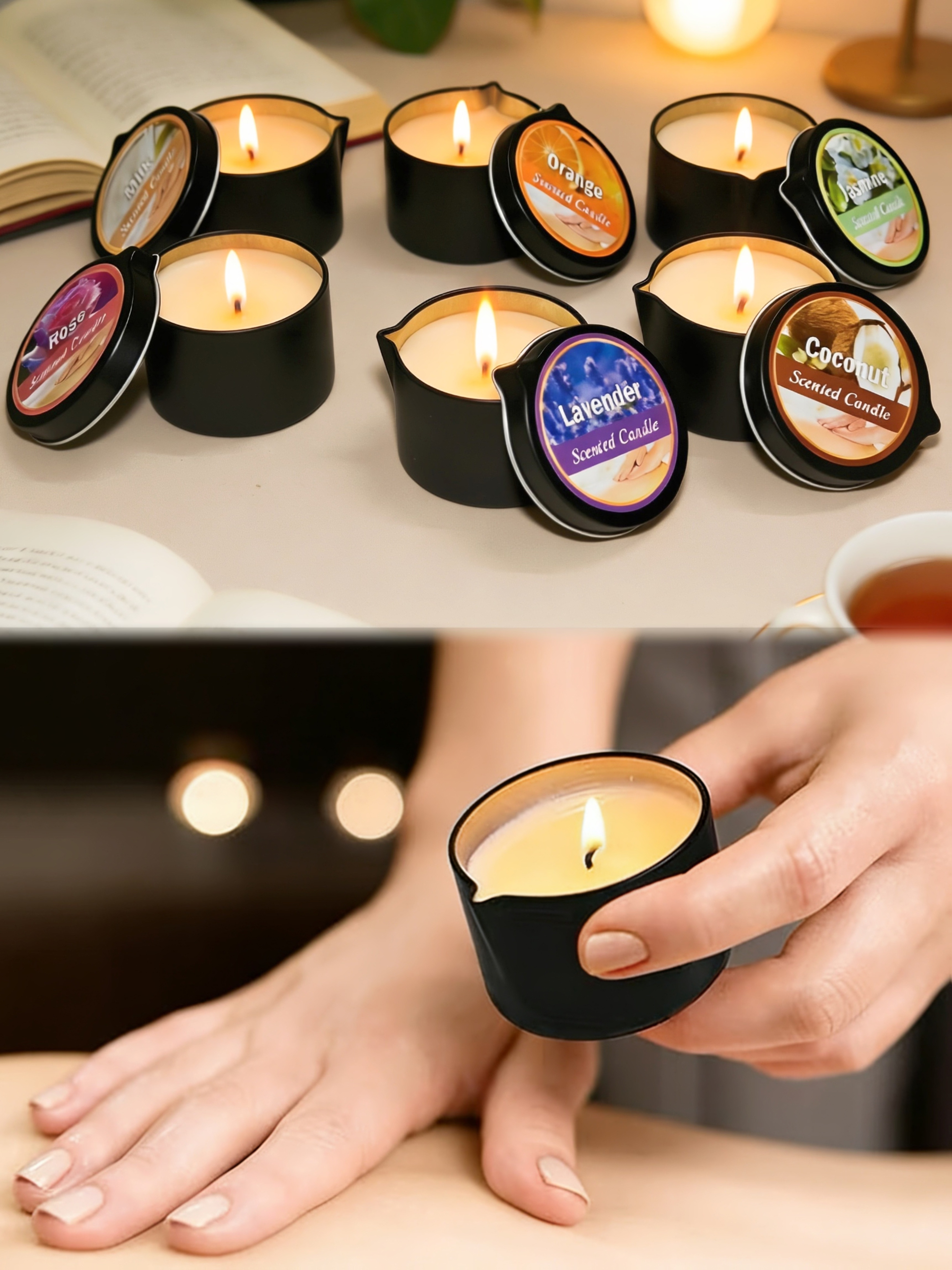 4pcs Massage Oil Candle Black Gift Box with Essential Oil Luxury Scented Candle with Soy Wax - Warm Moisturizing Body Lotion - Nail Salon, Spa, Pedicure, Beauty, Wedding, Christmas, Valentine'S Day Gift for Women (Total 8Oz/226.8G - Each 2Oz