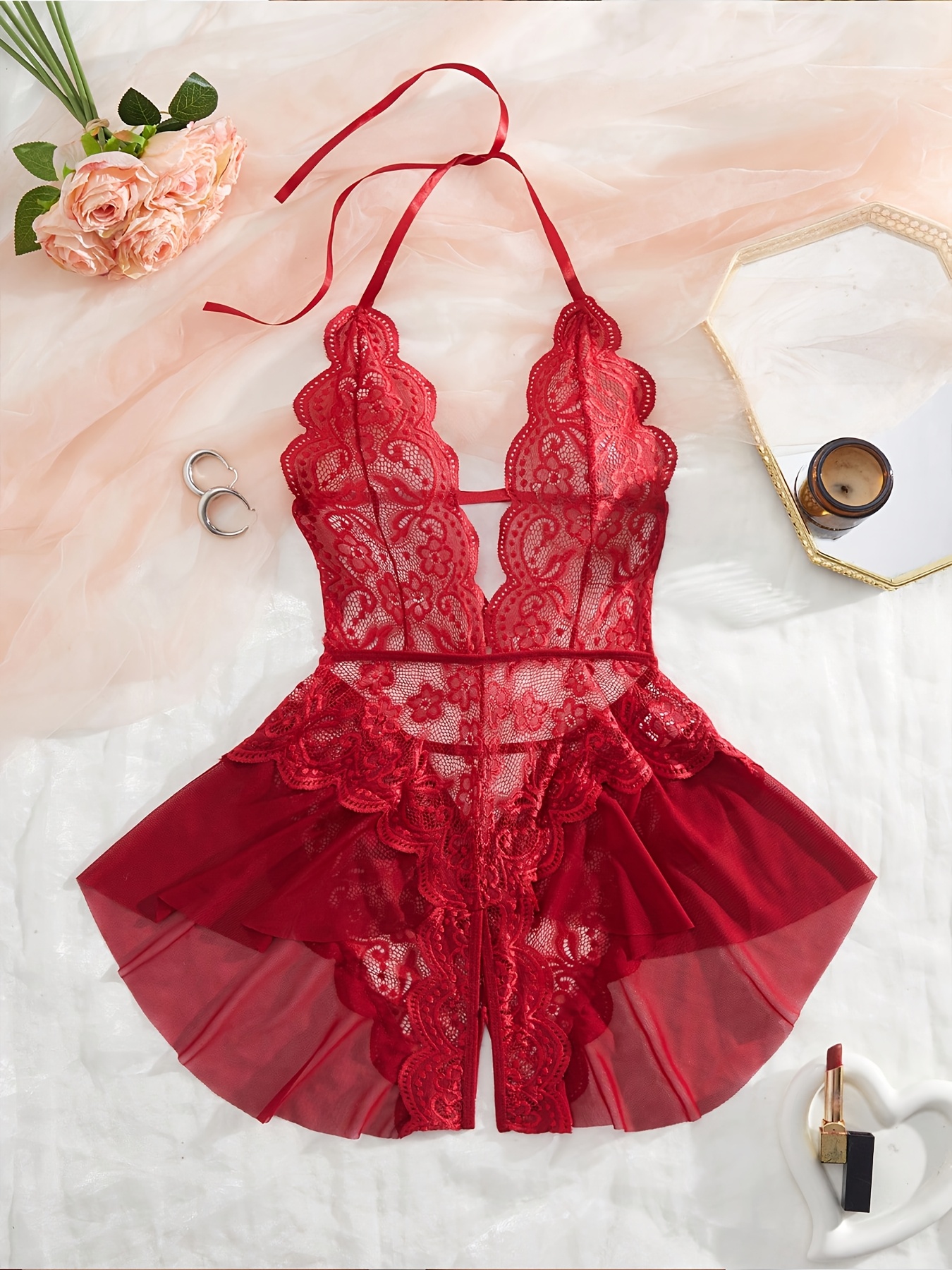 3pcs Women'S Sexy Red Lace Babydoll Lingerie Set, Sheer Floral Robe with Satin Belt And Plunge Teddy Bodysuit, Nightwear Intimates for Honeymoon 3pcs Women'S Sexy Red Lace Babydoll Lingerie Set, Sheer Floral Robe with Satin Belt And Plunge Teddy Bodysuit, Nightwear Intimates for Honeymoon