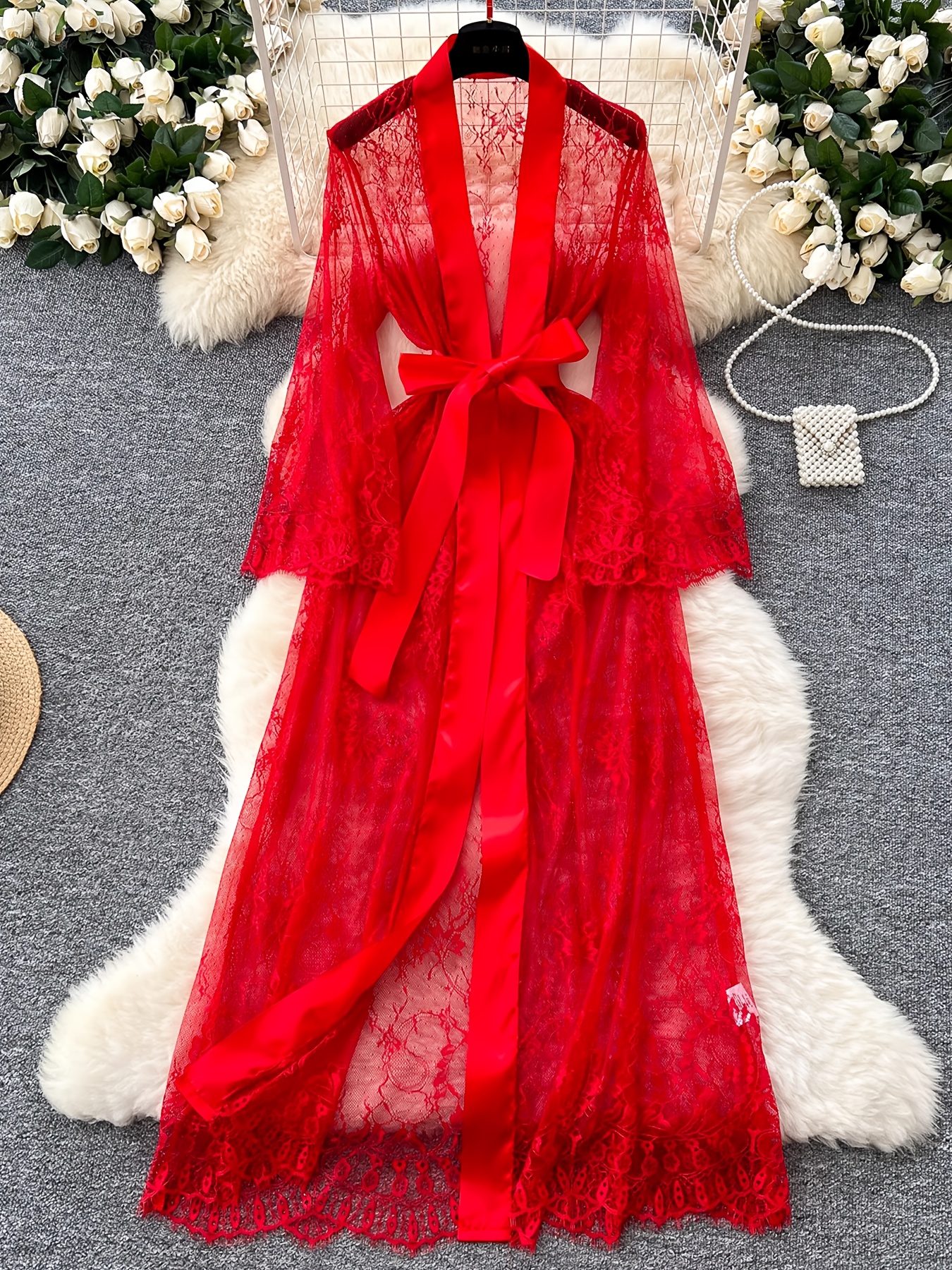 3pcs Women'S Sexy Red Lace Babydoll Lingerie Set, Sheer Floral Robe with Satin Belt And Plunge Teddy Bodysuit, Nightwear Intimates for Honeymoon 3pcs Women'S Sexy Red Lace Babydoll Lingerie Set, Sheer Floral Robe with Satin Belt And Plunge Teddy Bodysuit, Nightwear Intimates for Honeymoon