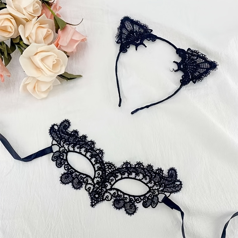 Masquerade Ball Costume Set: Black Lace Half-Face Mask & Cat Ear Headband Suitable for - Elegant Gothic Mask for Halloween Cosplay, Themed Parties, Carnival, Masked Balls - Sexy Mysterious Roleplay Masquerade Ball Costume Set: Black Lace Half-Face Mask & Cat Ear Headband Suitable for - Elegant Gothic Mask for Halloween Cosplay, Themed Parties, Carnival, Masked Balls - Sexy Mysterious Roleplay