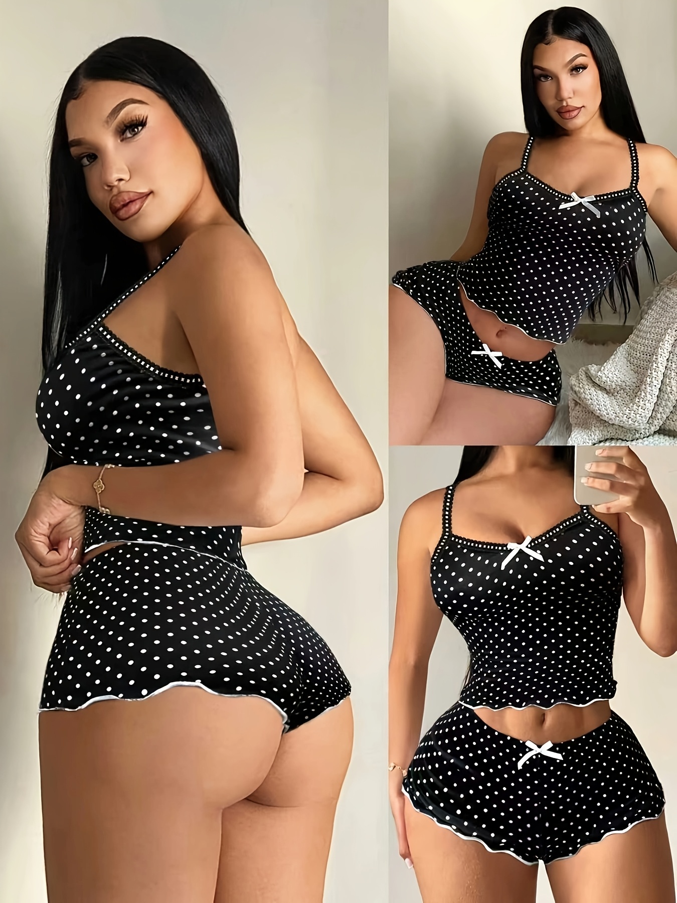 Women's Pajama Set, Camisole Shorts, Contrast Color Polka Dot, Lace Patchwork, Bodycon, 2pcs Pajamas Women's Pajama Set, Camisole Shorts, Contrast Color Polka Dot, Lace Patchwork, Bodycon, 2pcs Pajamas
