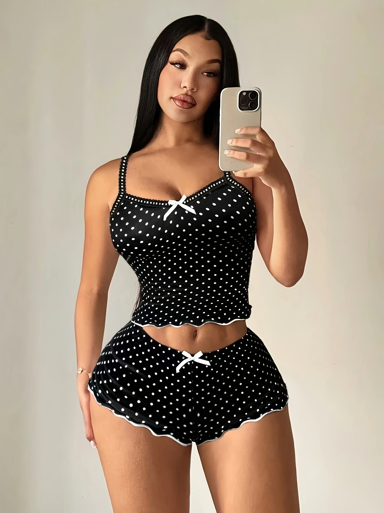 Women's Pajama Set, Camisole Shorts, Contrast Color Polka Dot, Lace Patchwork, Bodycon, 2pcs Pajamas Women's Pajama Set, Camisole Shorts, Contrast Color Polka Dot, Lace Patchwork, Bodycon, 2pcs Pajamas