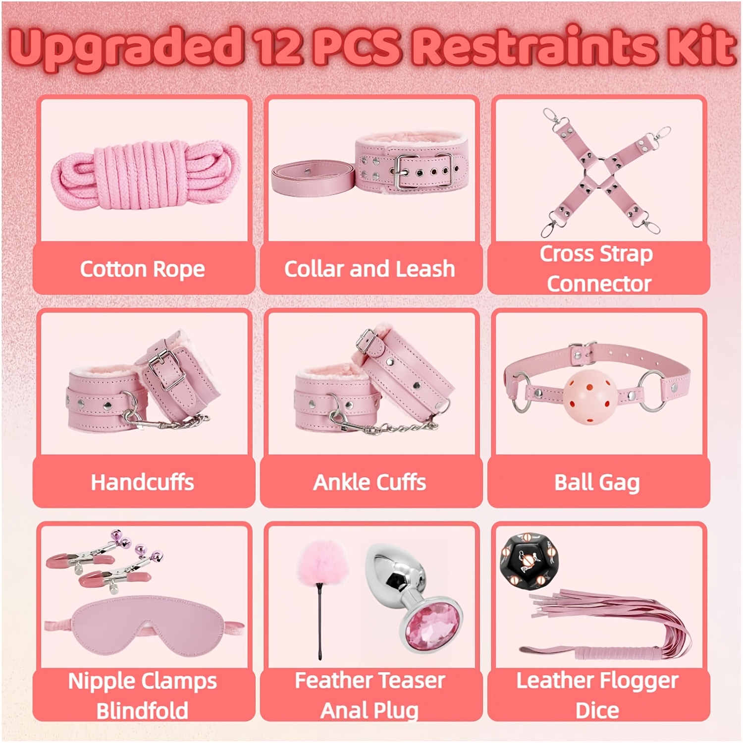 Sex Bondage Restraint Kits BDSM Toys 12pcs Handcuffs Ankle Cuffs Anal Plug Nipple Clamps Ball Gag Blindfold Rope Leather Restraints Set Adjustable for Adult Beginners (Pink) Sex Bondage Restraint Kits BDSM Toys 12pcs Handcuffs Ankle Cuffs Anal Plug Nipple Clamps Ball Gag Blindfold Rope Leather Restraints Set Adjustable for Adult Beginners (Pink)
