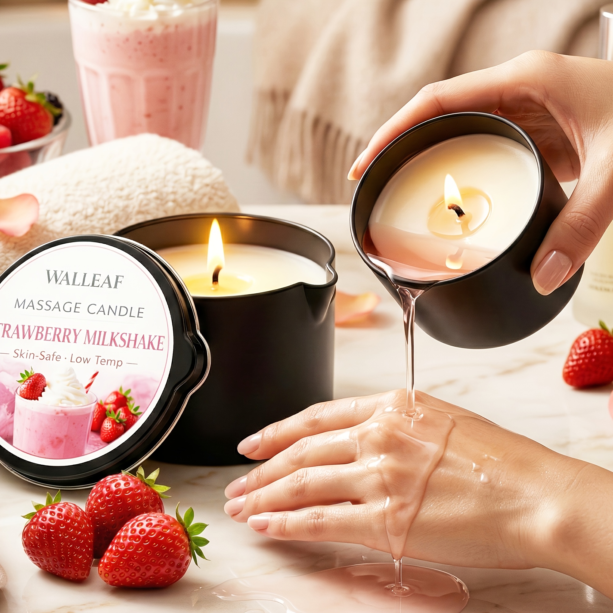 2pcs Strawberry Milkshake Massage Oil Candle, Soy Wax Spa Candle, Warm Melt Massage Candle for Relaxing Massage, Romantic Scented Candle, Valentine Anniversary Christmas Gift for Women Men WALLEAF 2pcs Strawberry Milkshake Massage Oil Candle, Soy Wax Spa Candle, Warm Melt Massage Candle for Relaxing Massage, Romantic Scented Candle, Valentine Anniversary Christmas Gift for Women Men WALLEAF