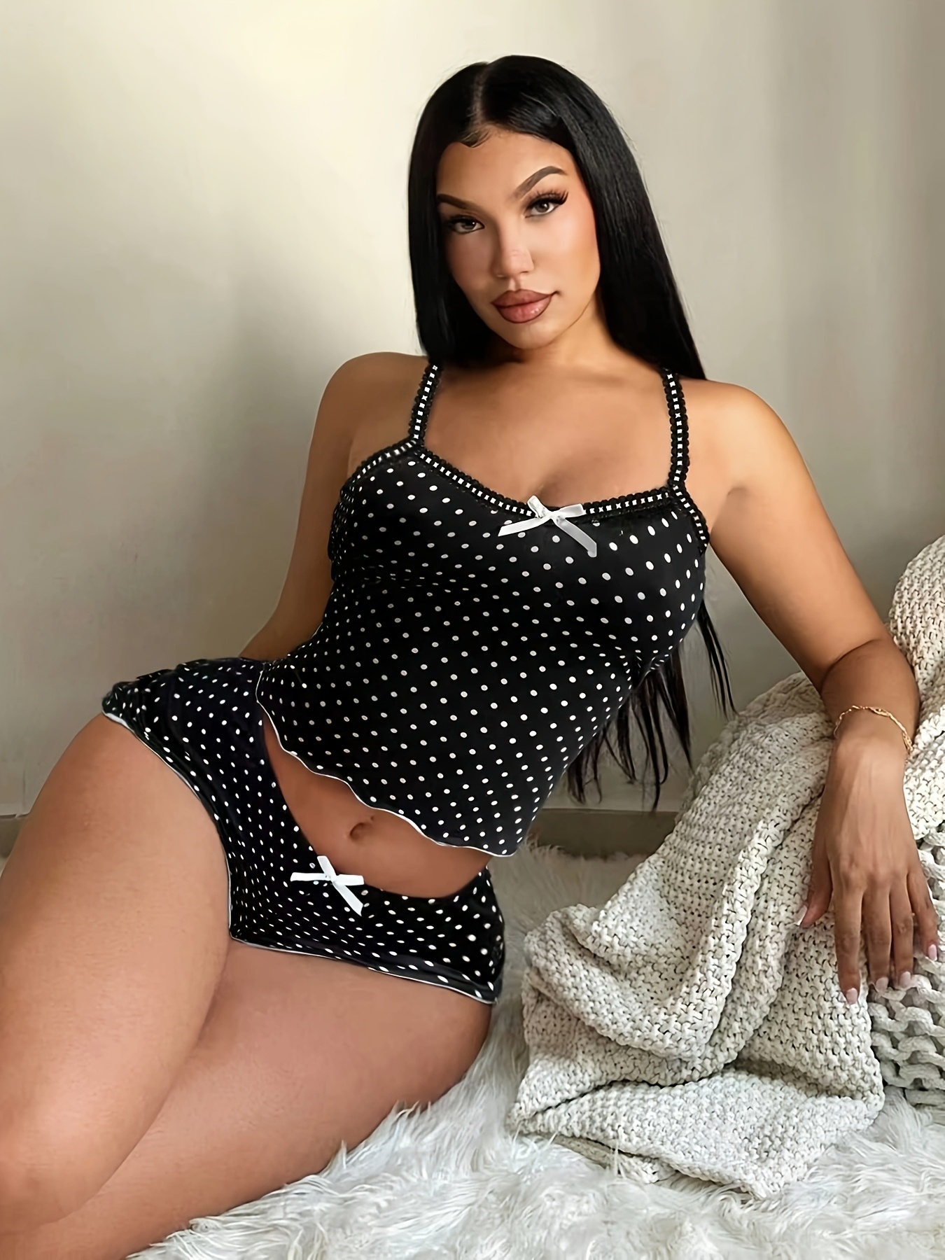 Women's Pajama Set, Camisole Shorts, Contrast Color Polka Dot, Lace Patchwork, Bodycon, 2pcs Pajamas Women's Pajama Set, Camisole Shorts, Contrast Color Polka Dot, Lace Patchwork, Bodycon, 2pcs Pajamas