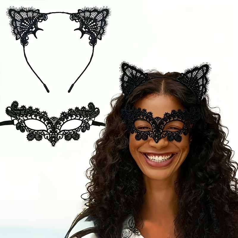 Masquerade Ball Costume Set: Black Lace Half-Face Mask & Cat Ear Headband Suitable for - Elegant Gothic Mask for Halloween Cosplay, Themed Parties, Carnival, Masked Balls - Sexy Mysterious Roleplay Masquerade Ball Costume Set: Black Lace Half-Face Mask & Cat Ear Headband Suitable for - Elegant Gothic Mask for Halloween Cosplay, Themed Parties, Carnival, Masked Balls - Sexy Mysterious Roleplay