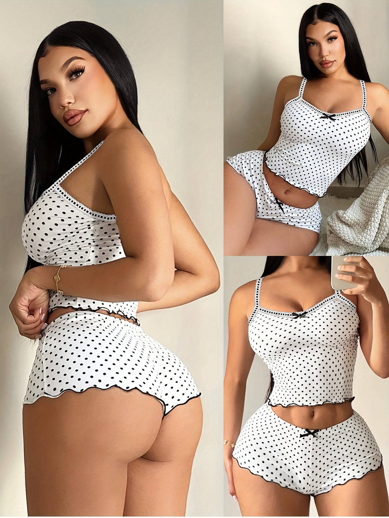 Women's Pajama Set, Camisole Shorts, Contrast Color Polka Dot, Lace Patchwork, Bodycon, 2pcs Pajamas Women's Pajama Set, Camisole Shorts, Contrast Color Polka Dot, Lace Patchwork, Bodycon, 2pcs Pajamas