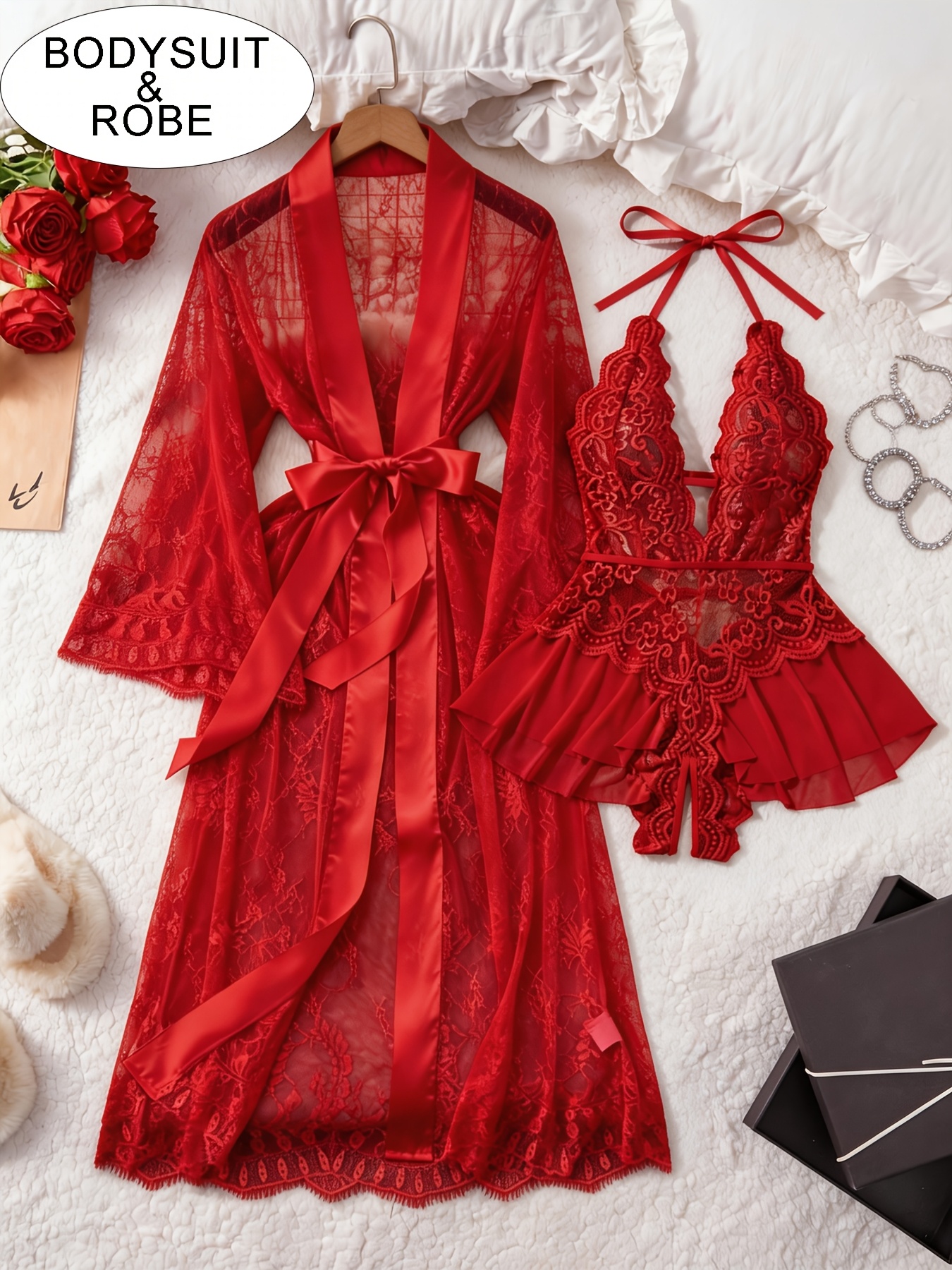 3pcs Women'S Sexy Red Lace Babydoll Lingerie Set, Sheer Floral Robe with Satin Belt And Plunge Teddy Bodysuit, Nightwear Intimates for Honeymoon 3pcs Women'S Sexy Red Lace Babydoll Lingerie Set, Sheer Floral Robe with Satin Belt And Plunge Teddy Bodysuit, Nightwear Intimates for Honeymoon